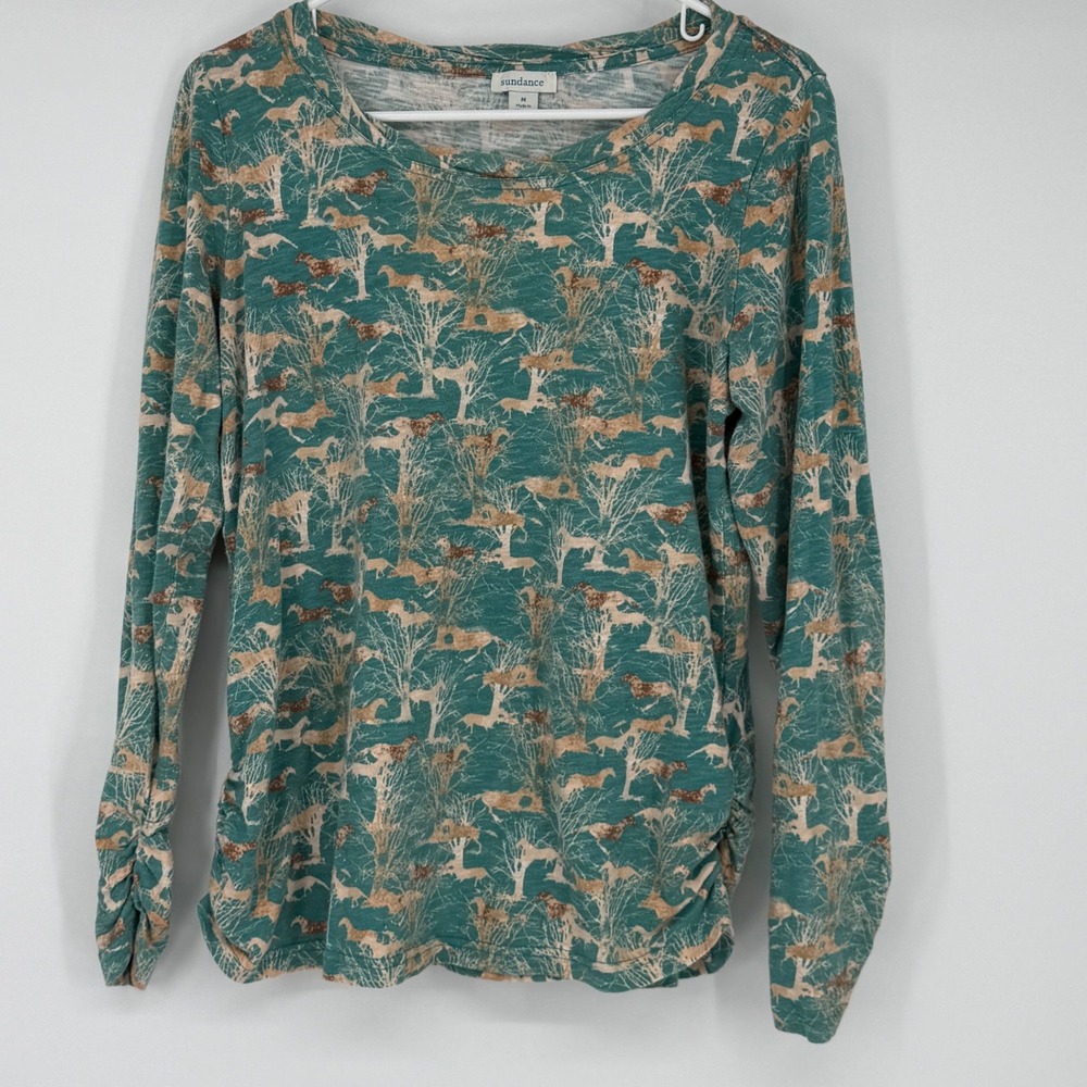 Sundance Cotton‎ Horse Print Long Sleeve Top Women's M Teal Brown Equestrian